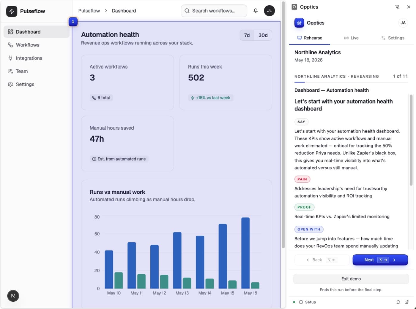 An Opptics guide showing product steps, buyer pain, proof, and suggested sales language